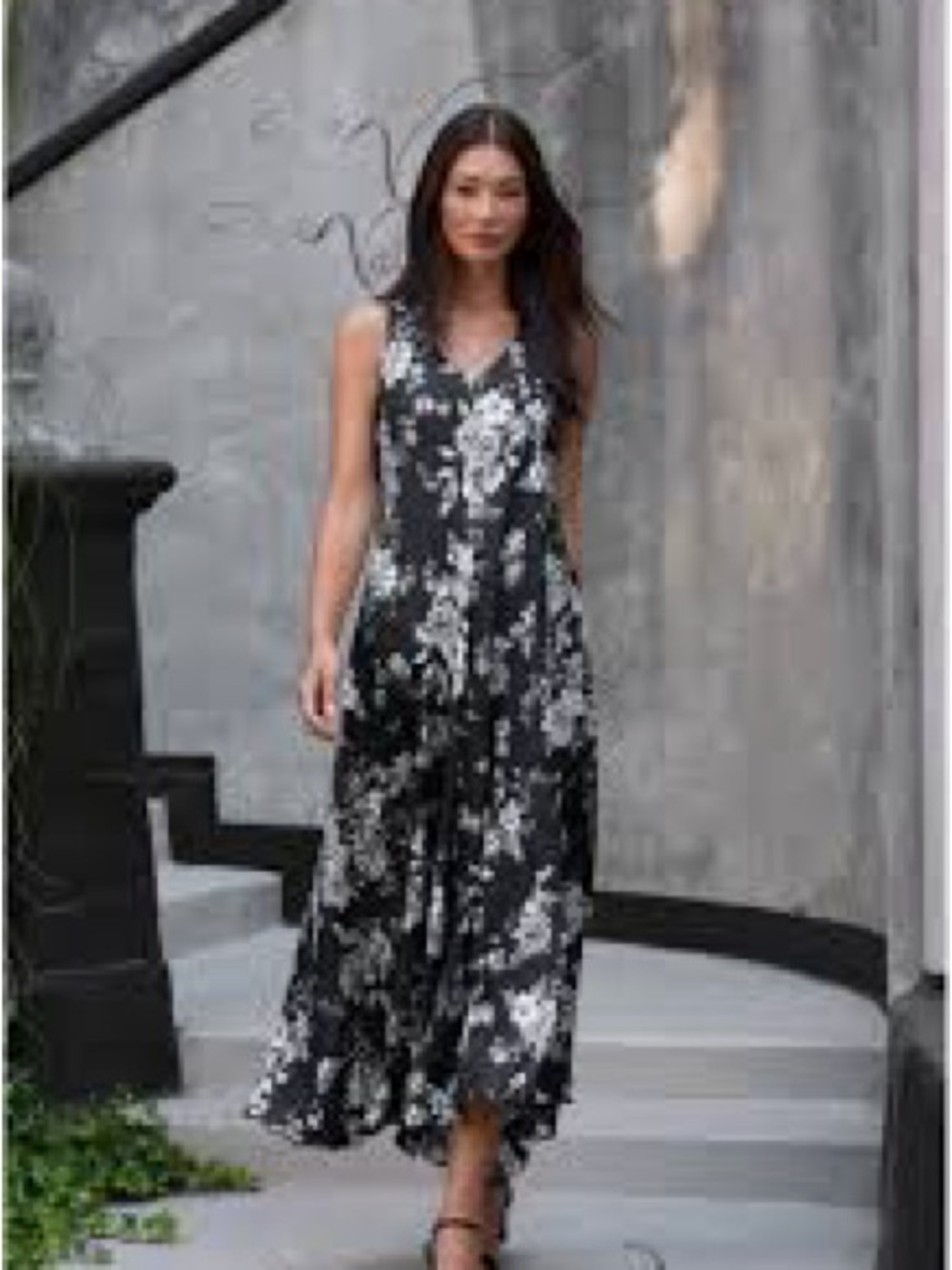 Johnny Was Black & White Floral V-Neck Maxi Dress